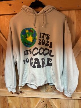 LONELY GHOST It's 2021 It's Cool To Care Beige Hoodie Sweatshirt Size XL Adult